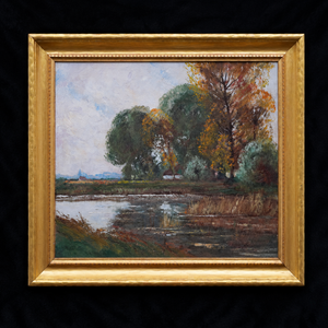 “Where the River Remembers, framed original oil painting of a river landscape with trees and distant scenery.”