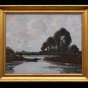 “Framed river landscape painting with a small boat near the bank, dark trees, and a pale, cloudy sky.”