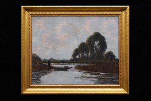 “Framed river landscape painting with a small boat near the bank, dark trees, and a pale, cloudy sky.”
