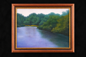 Framed painting of a river surrounded by green trees
