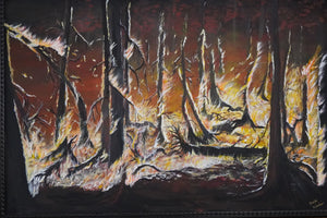 Artistic depiction of a forest f ire with dark trees and glowing ground