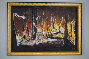 Framed artwork of a forest scene with a textured surface.