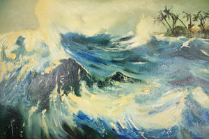 Artistic depiction of a large wave with a coastal scene in the background