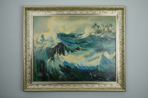 Framed painting of a wave with palm trees on a gray wall
