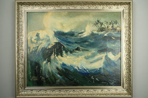 Framed painting of a wave with a gold frame on a gray wall