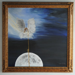 Close-up of Moonrise showing the angel’s textured white wings, a golden rope reaching toward the moon, and carved gold frame details.”