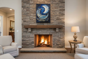 Living room with stone fireplace, cozy chairs, and a decorative painting above the mantel.