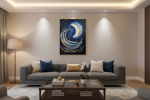 Modern living room with a gray sofa, coffee table, and wall art.