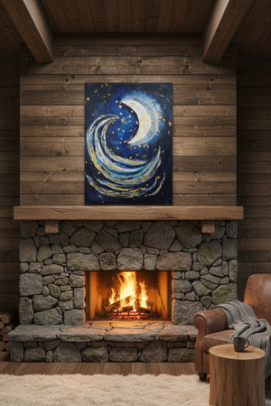 Stone fireplace with a painting of a crescent moon and stars above it, in a cozy room.