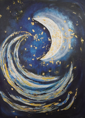 Artistic depiction of a crescent moon with swirling blue and gold patterns on a dark background.