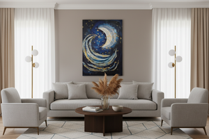 Modern living room with a gray sofa, armchairs, and a decorative painting on the wall.