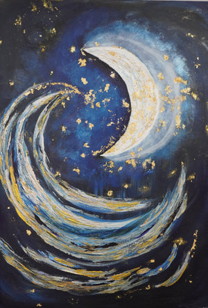 An abstract painting of a crescent moon and swirling waves in deep blue, white, and gold tones, with small gold star-like speckles across a dark navy background.