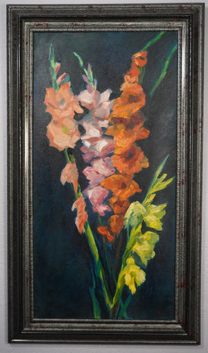 A framed vertical oil painting of gladiolus flowers in shades of orange, pink, and yellow against a dark background, housed in a distressed dark gray frame.