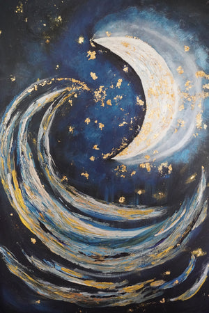 An abstract painting of a crescent moon and swirling waves on a dark blue and black background, accented with gold leaf-like speckles.