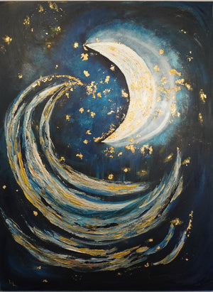 An abstract painting of a crescent moon and swirling waves in deep blue, white, and gold tones, with small gold star-like speckles across a dark navy background.