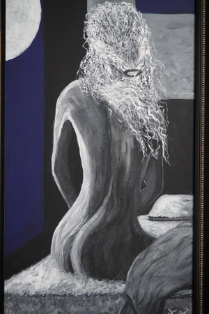 A dark, surreal painting of a seated nude figure with a long, curly white beard and hair, rendered in black, white, and gray tones against a background with a deep blue shape and a white moon-like circle.