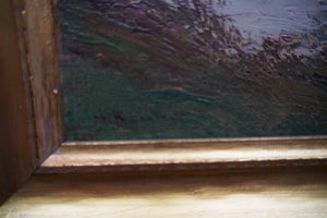 “Where the River Remembers, framed original oil painting of a river landscape with trees and distant scenery.”
