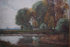 “Where the River Remembers, framed original oil painting of a river landscape with trees and distant scenery.”