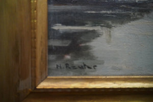 signature “Framed River landscape painting with a small boat near the bank, dark trees, and a pale, cloudy sky.” 