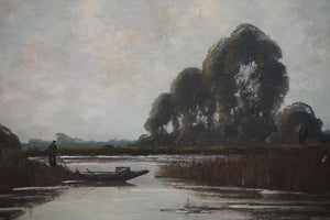 “Framed river landscape painting with a small boat near the bank, dark trees, and a pale, cloudy sky.”