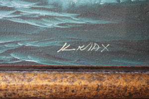 Close-up of the signature appearing to read Knox, with teal wave brushwork, visible canvas texture, and gold-toned frame trim.”
