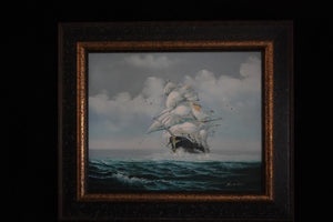 Full framed view of Where Courage Sails, showing a sailing ship and seabirds above rolling ocean waves.”