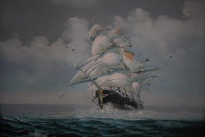 A painted seascape showing a large sailing ship with white sails cutting through dark blue ocean waves under a cloudy gray sky, with small birds in the air.