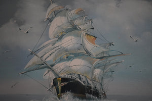 “Sailing ship with billowing white sails and seabirds, surrounded by sea spray and dark teal waves.”
