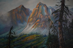 Detail of sunlit mountain peaks and evergreen trees in A World Worth Thanking by Ted McChesney.”