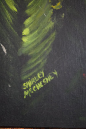 Close-up of the Shirley McChesney signature on the canvas of the Where the Garden Keeps Its Secrets painting