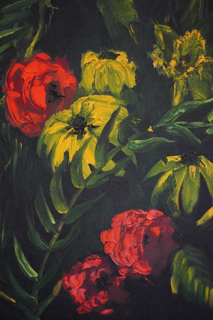 Close-up of the red and golden-yellow flowers in the Where the Garden Keeps Its Secrets painting