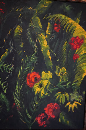 Close view of the Where the Garden Keeps Its Secrets painting showing red and golden-yellow flowers among lush green foliage on a dark background