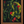 Where the Garden Keeps Its Secrets painting by Shirley McChesney in a bronze-and-gold frame, showing lush green foliage with vivid red and golden-yellow flowers on a dark background