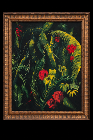 Where the Garden Keeps Its Secrets painting by Shirley McChesney in a bronze-and-gold frame, showing lush green foliage with vivid red and golden-yellow flowers on a dark background