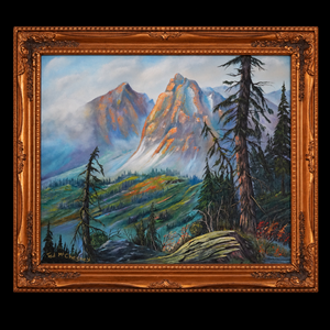 A World Worth Thanking by Ted McChesney, a mountain landscape oil painting with evergreen trees in an ornate copper-gold frame.”