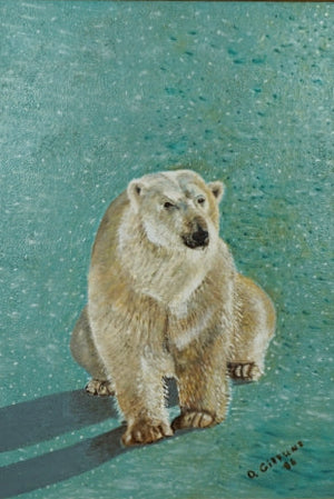 Framed painting of a polar bear on a textured blue background