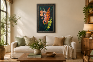 Gladiolas above a living-room sofa