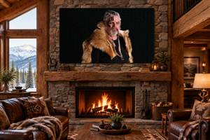 The First Among Men fine art canvas displayed above a fireplace in a rustic cabin