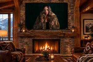 The Daughter of Distant Fire artwork displayed above a stone fireplace in a rustic cabin