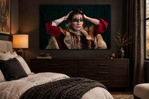 Fine art canvas displayed in a dramatic bedroom