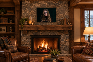 Eyes Beyond Sight replacement artwork as a small 24 × 16 canvas above a cabin fireplace