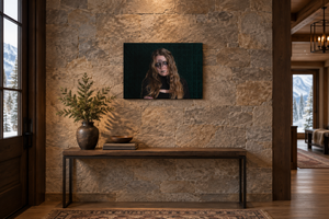 Eyes Beyond Sight replacement artwork as a small 24 × 16 canvas on a stone wall