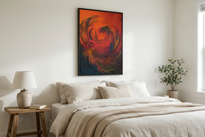 Lifestyle mockup of The Crimson Challenge abstract rooster painting hanging above a bed in a bedroom