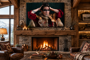 Fine art canvas displayed above a fireplace in a rustic cabin