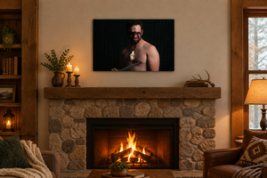 Dare the Wild 24 × 16 inch canvas print shown at a smaller scale above a stone fireplace