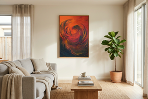 Lifestyle mockup of The Crimson Challenge abstract rooster painting hanging in a modern living room