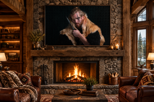 The Reckoning fine art canvas displayed above a fireplace in a rustic luxury cabin