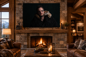 Fine art canvas displayed above a fireplace in a rustic cabin
