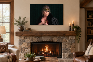 The Crown of the Wild 24 × 16 inch canvas displayed above a stone fireplace in a living room