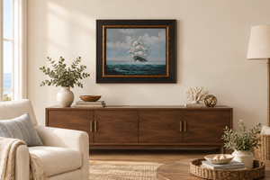 Where Courage Sails coastal living room mockup